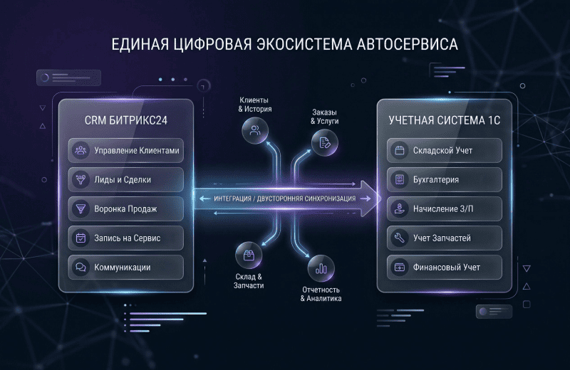 Схема единой цифровой экосистемы автосервиса: интеграция CRM Битрикс24 и учетной системы 1С