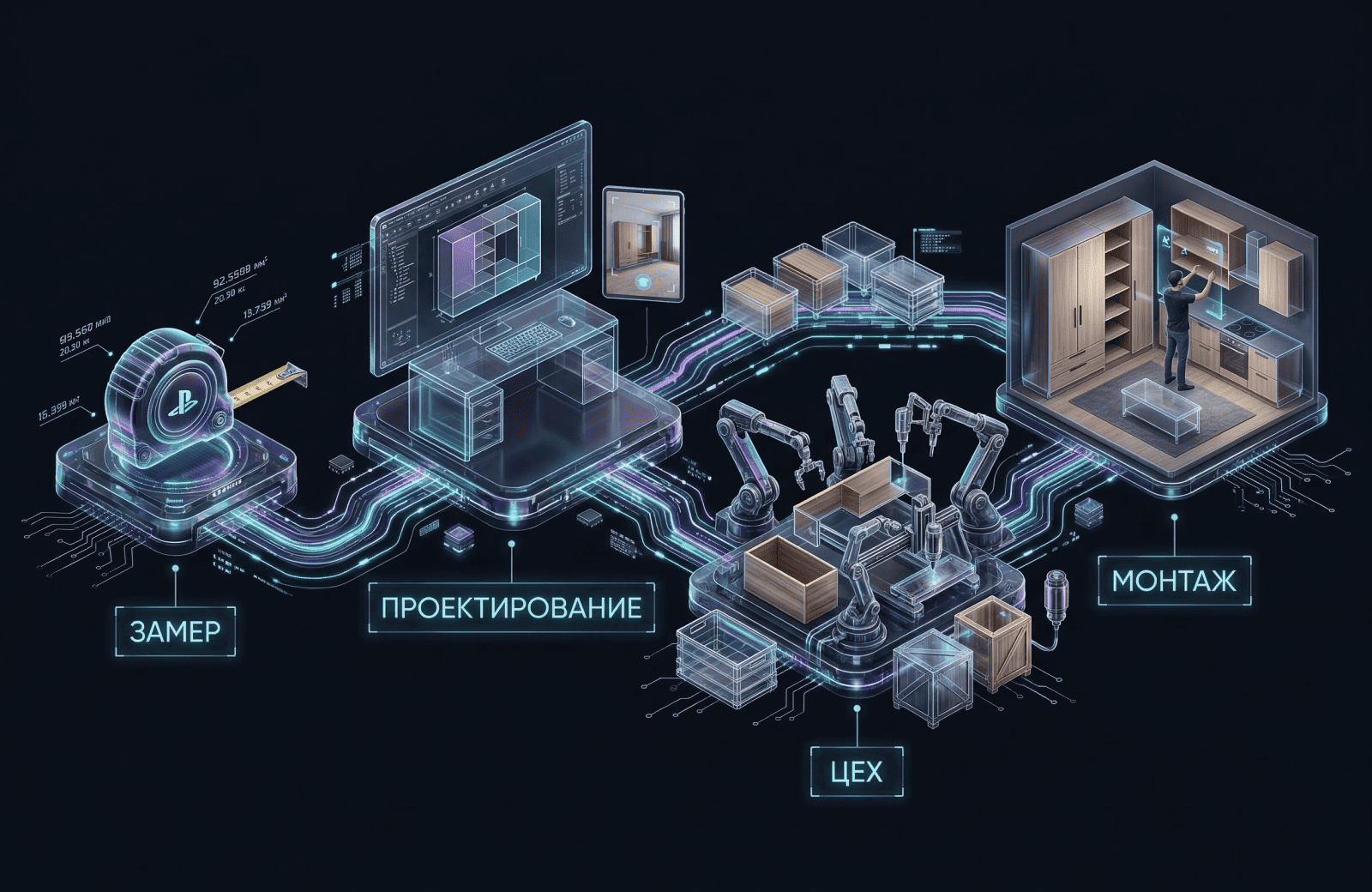 Схема цифрового конвейера мебельного производства: замер, проектирование, цех, монтаж