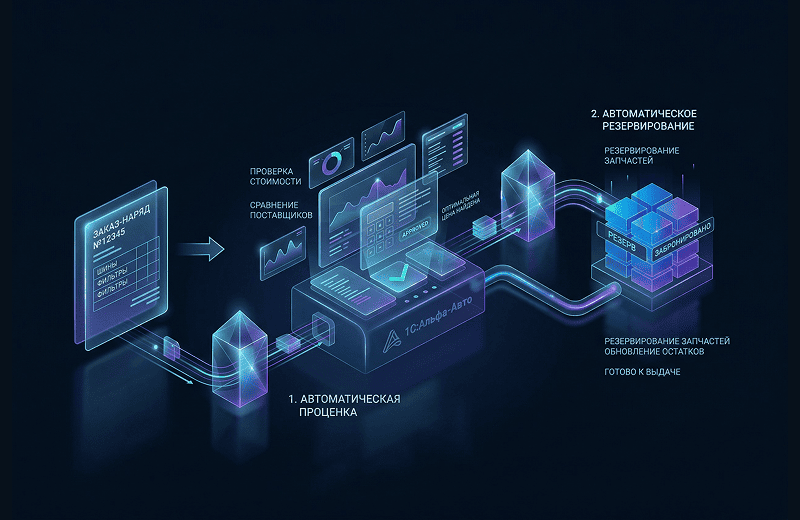 Автоматический процесс проценки и резервирования запчастей в 1С:Альфа-Авто под заказ-наряд