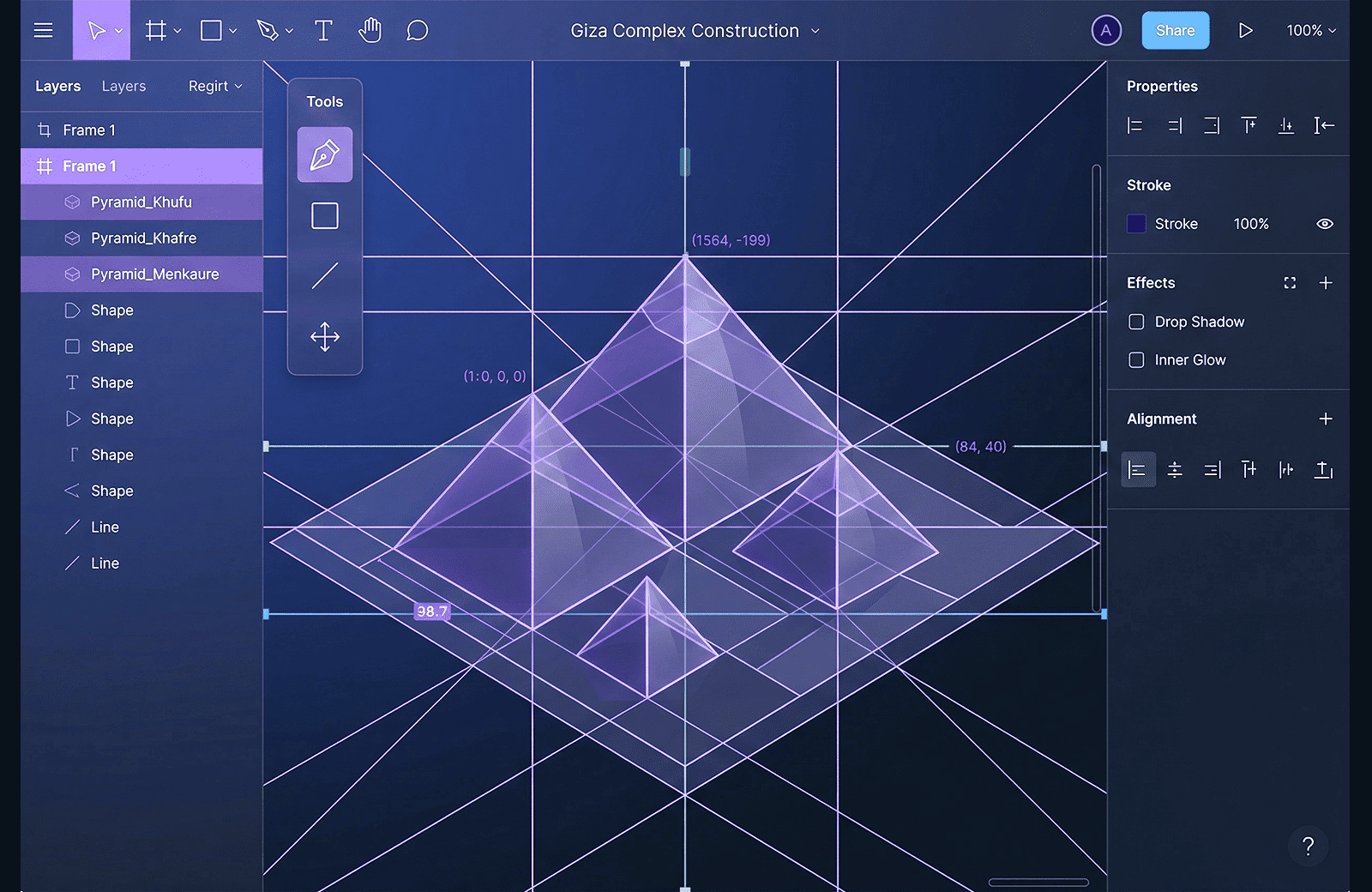 Интерфейс векторного редактора Figma, в котором с помощью сетки и направляющих строятся Пирамиды Гизы