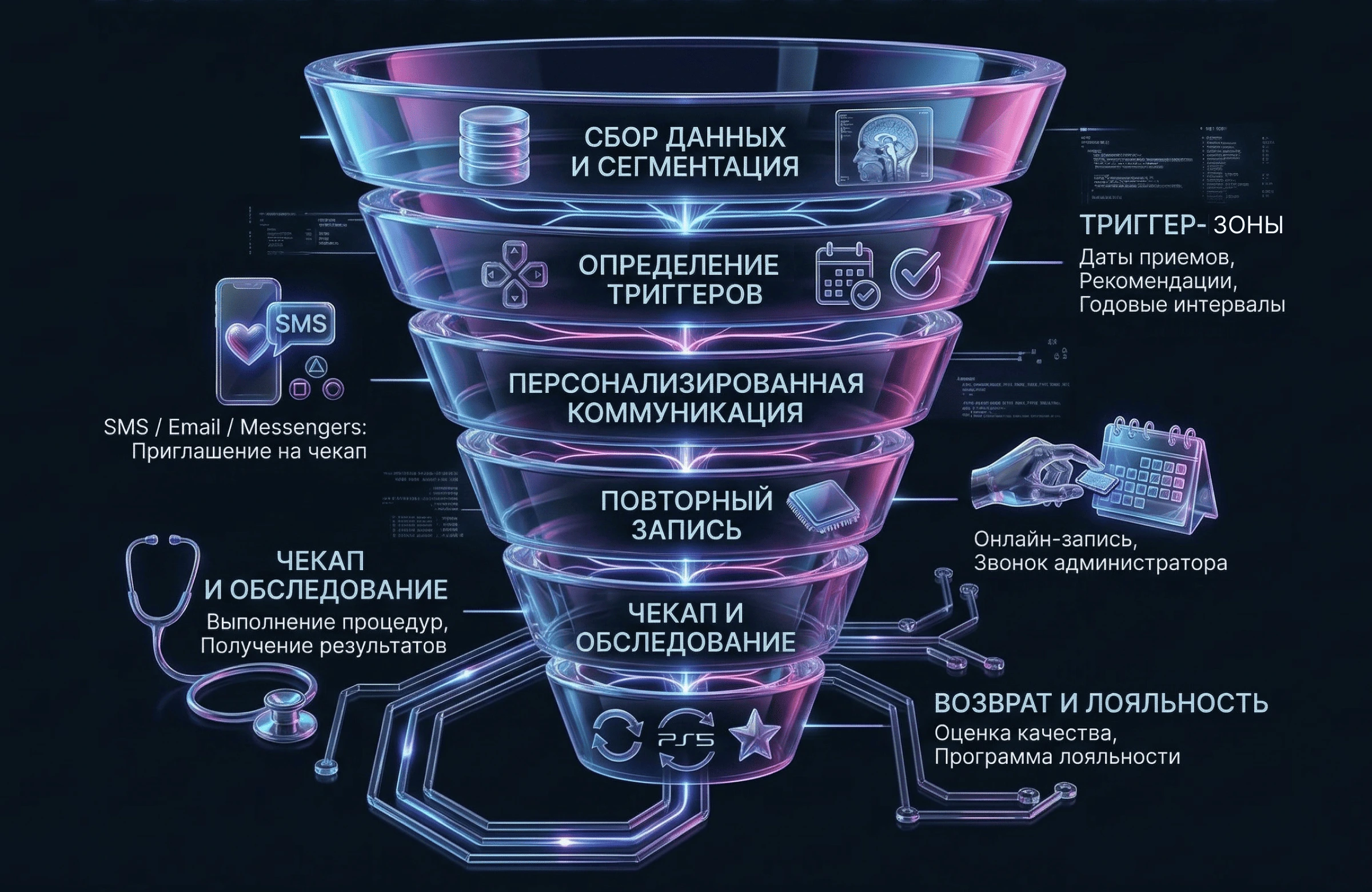 Воронка CRM-маркетинга для возврата пациентов на повторные приемы и чекапы