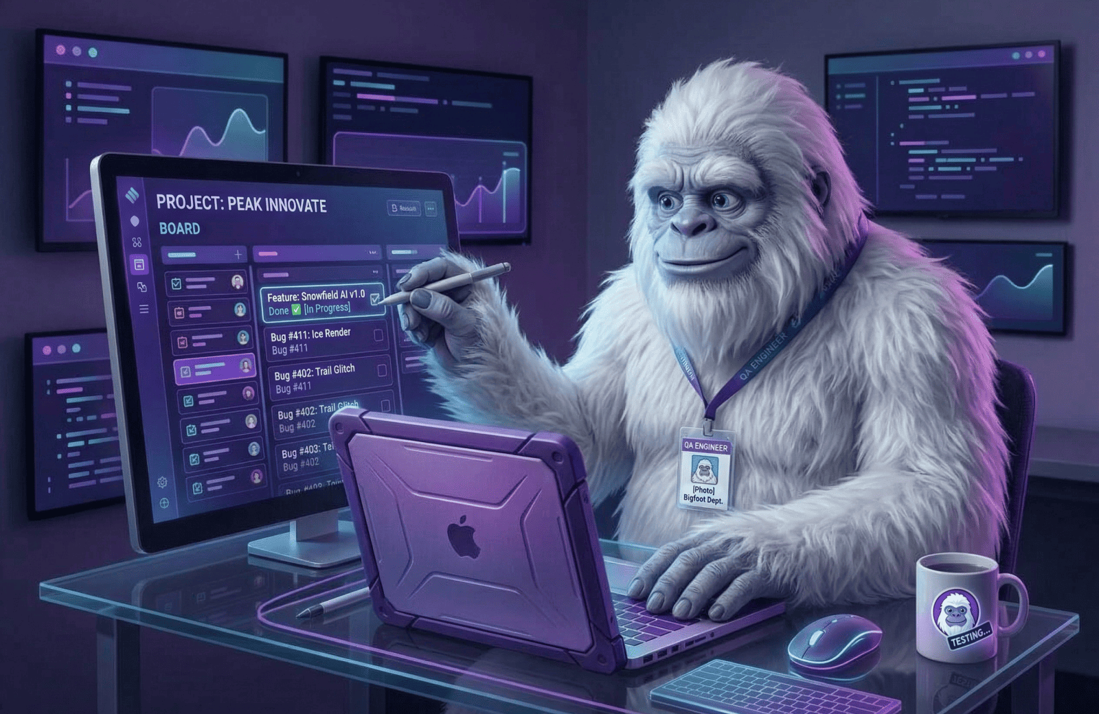 Снежный человек с бейджиком QA-инженера ставит галочку Фича в баг-трекере на ноутбуке