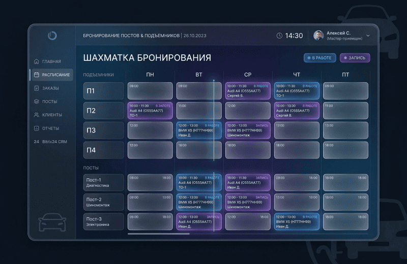 Интерактивная шахматка бронирования постов и подъемников в Битрикс24 для мастера-приемщика